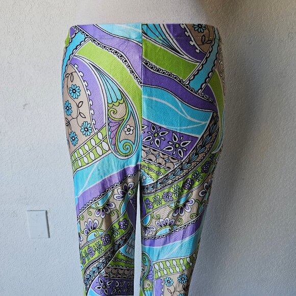 Vintage 70s Paisley Hippie Disco Purple Green Blue Stretch Flare Leggings XS/S - Picture 2 of 6
